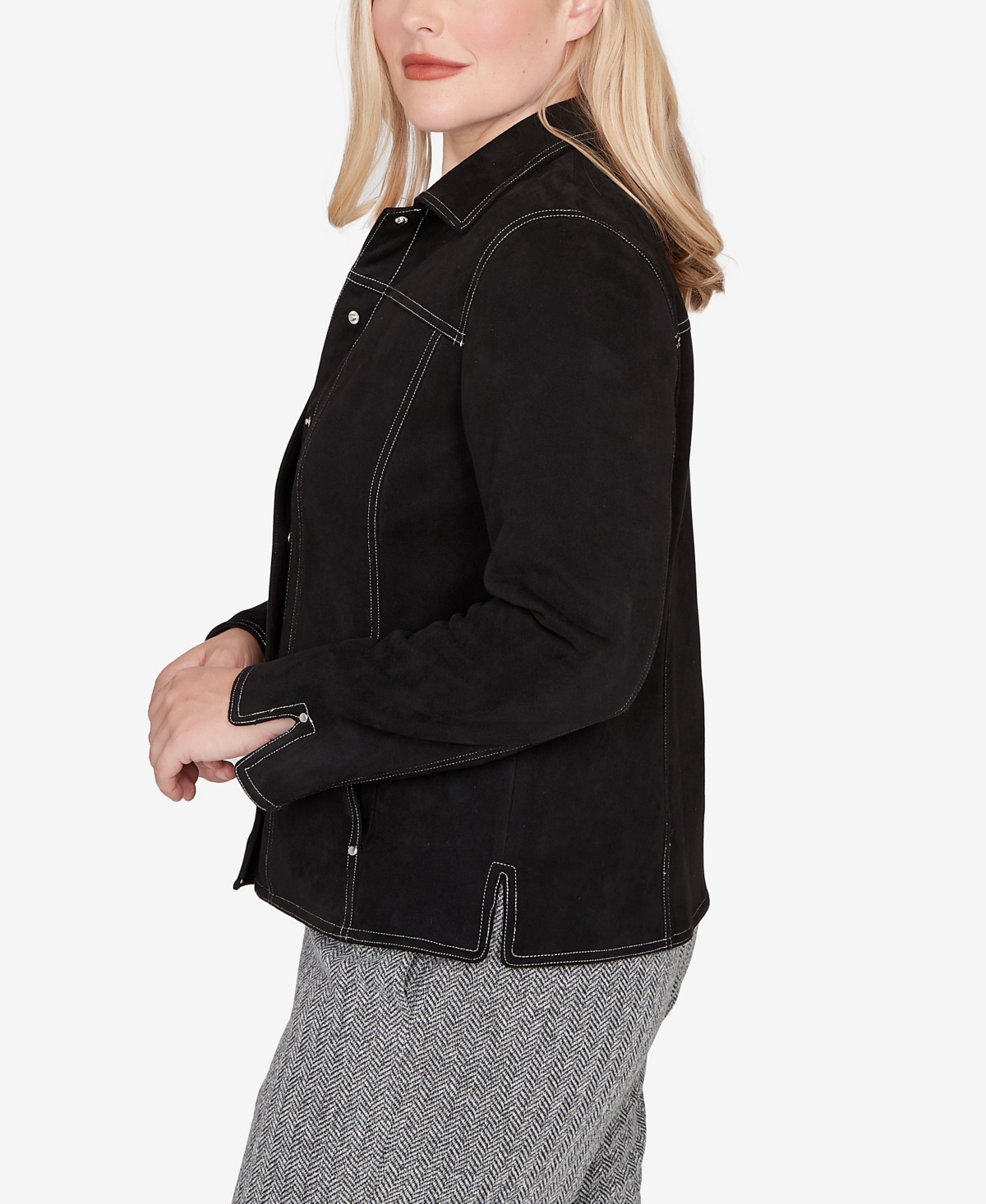 Alfred Dunner Jet Setter Print Lining Faux Suede Jacket In Black