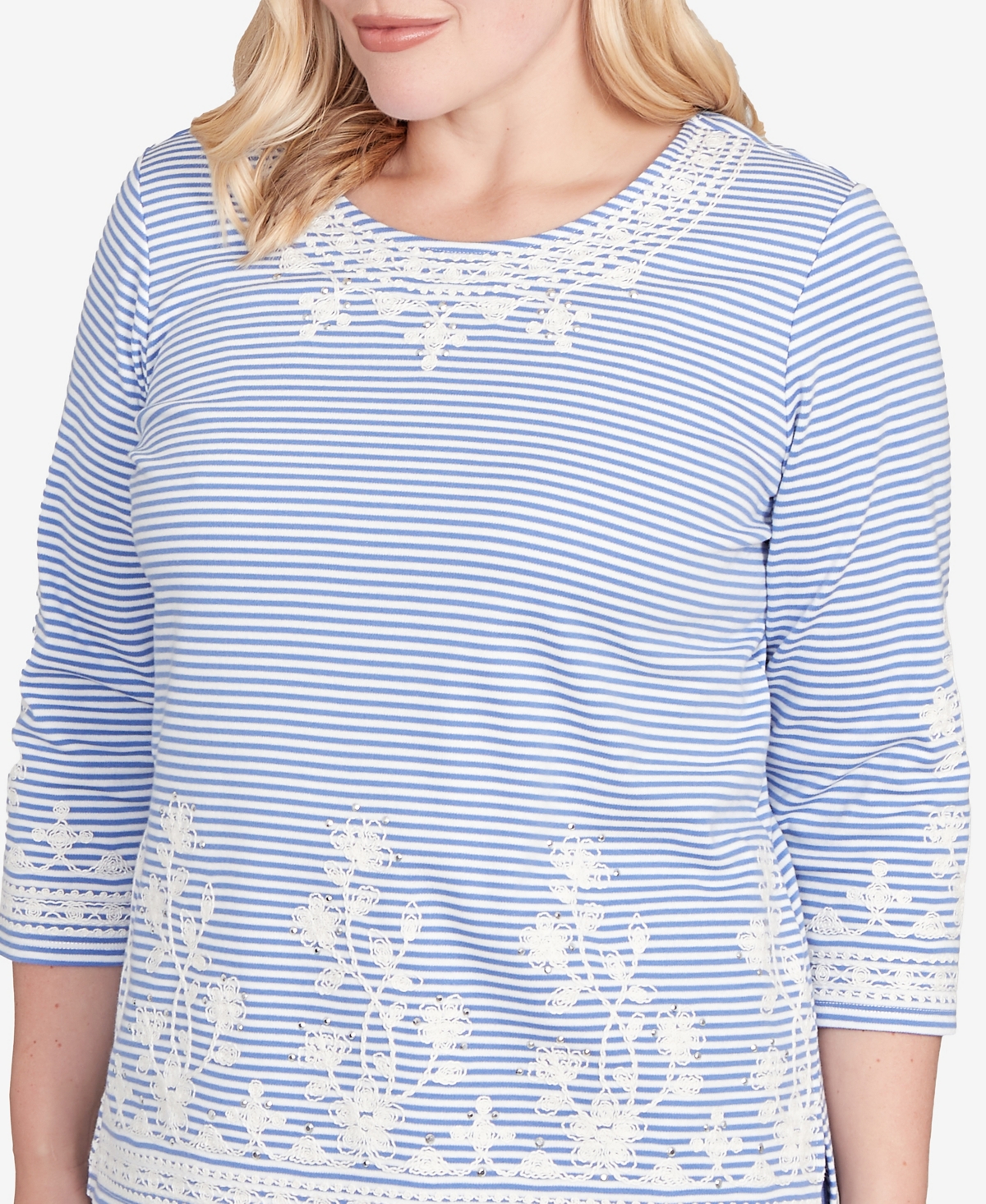 Alfred Dunner Casual Vibe Embellished Striped Crew Neck Top In White