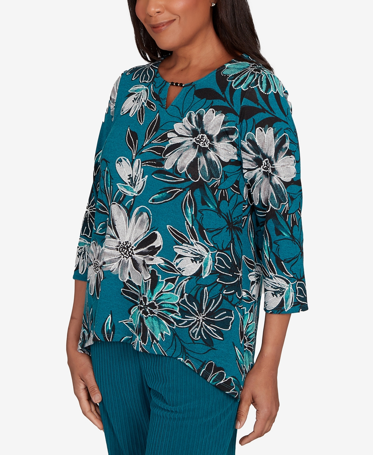 Alfred Dunner Lake Champlain Floral Printed Beaded Neck Top In Multi
