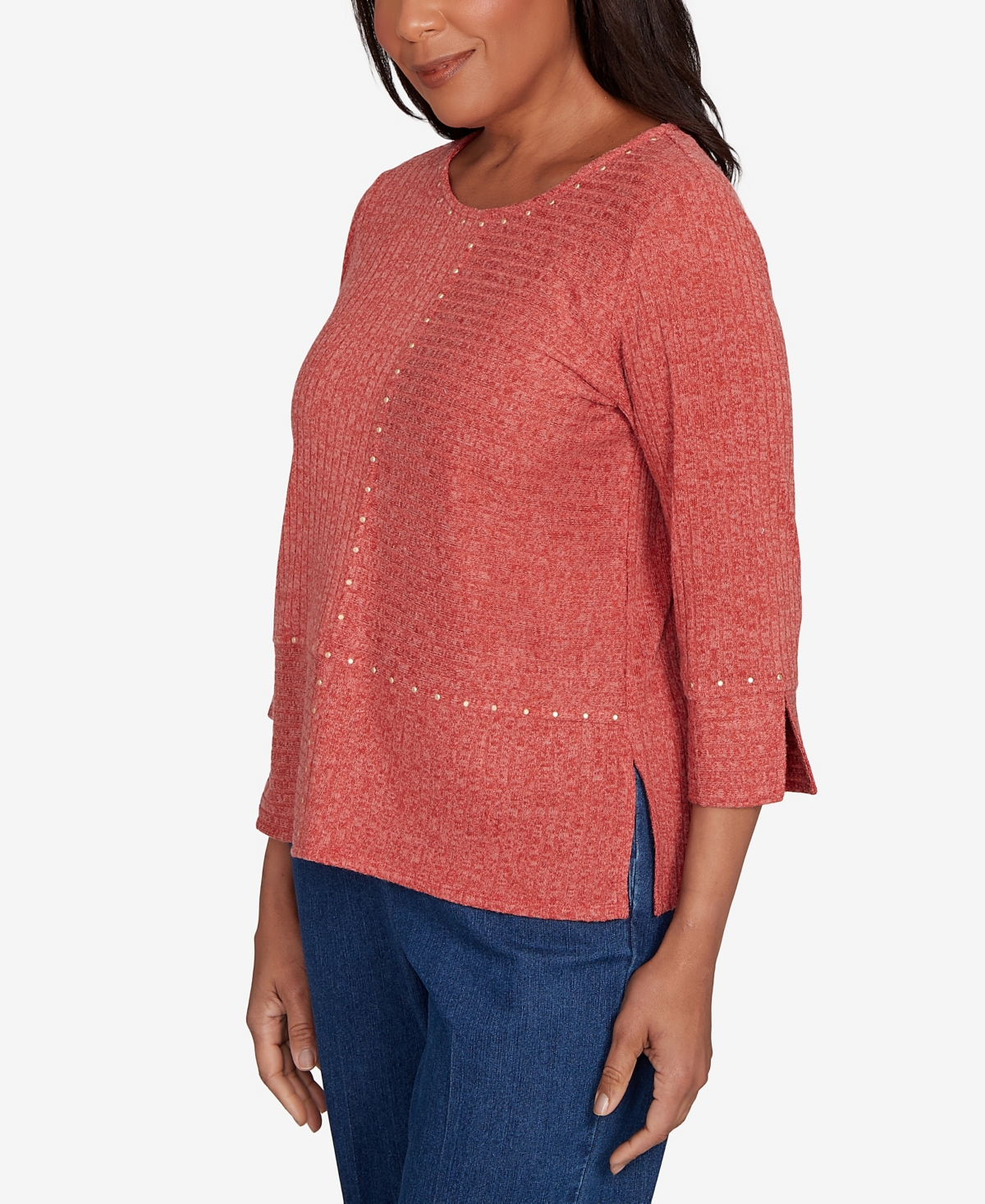 Alfred Dunner Sunset Canyon Embellished Spliced Solid Top In Pink