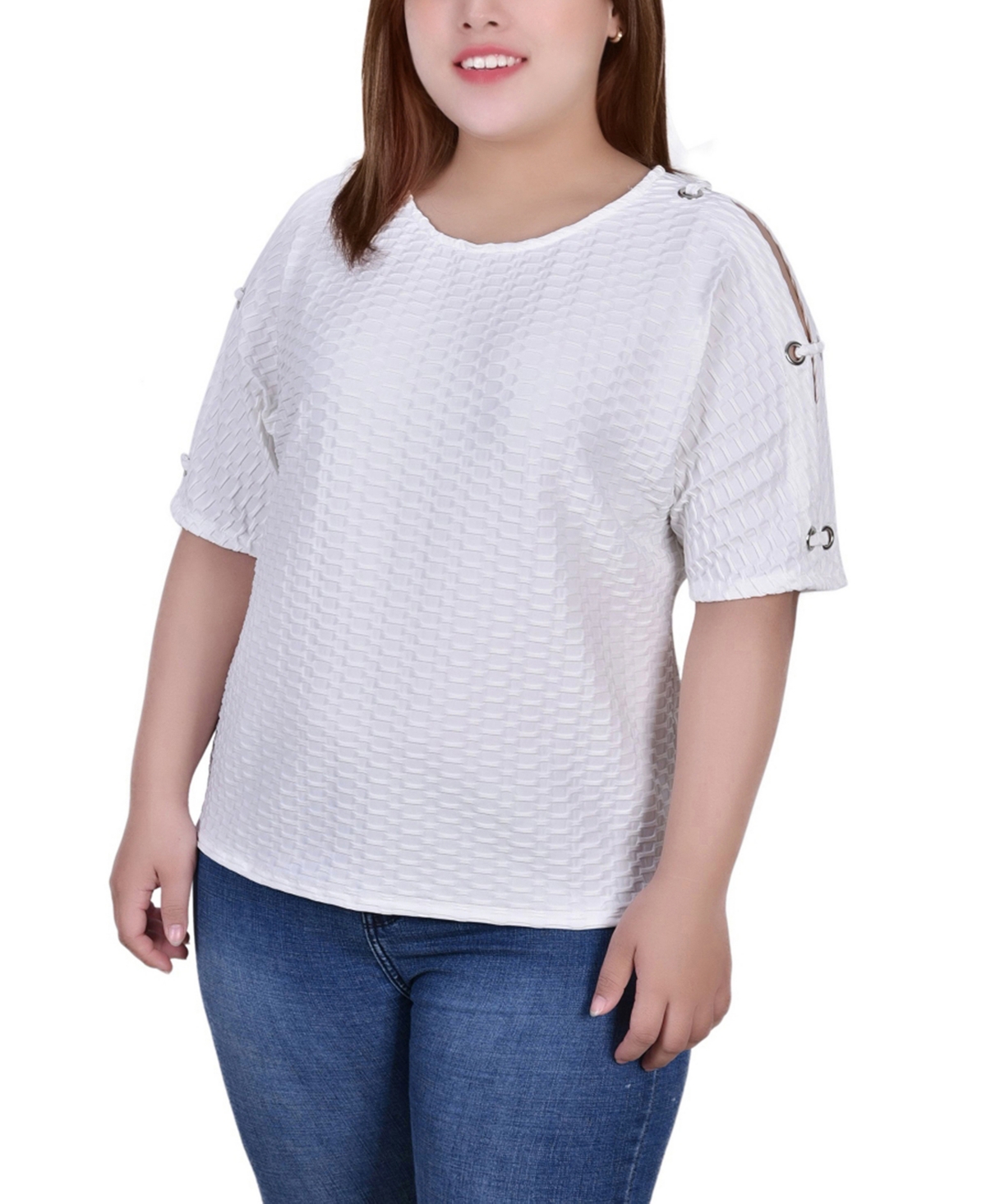 Ny Collection Plus Size Honeycomb Open Shoulder Tunic In White