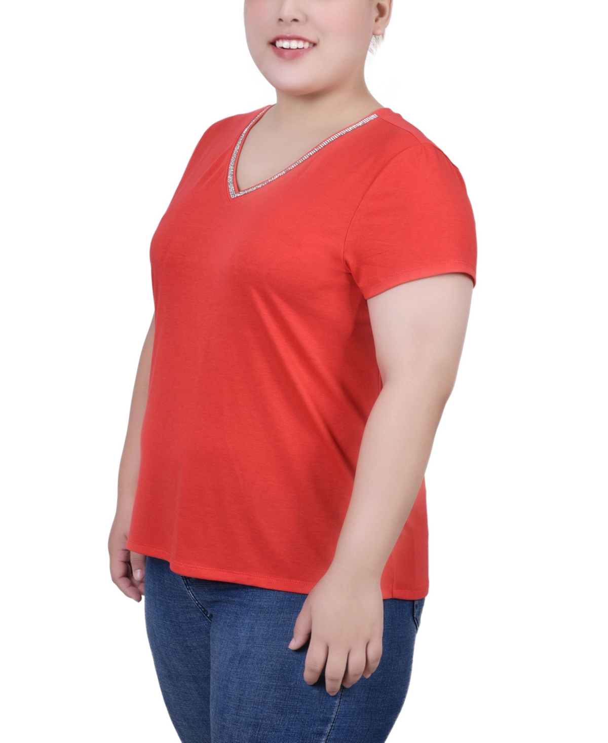 Ny Collection Plus Size Short Sleeve Top With Stone Details In Red