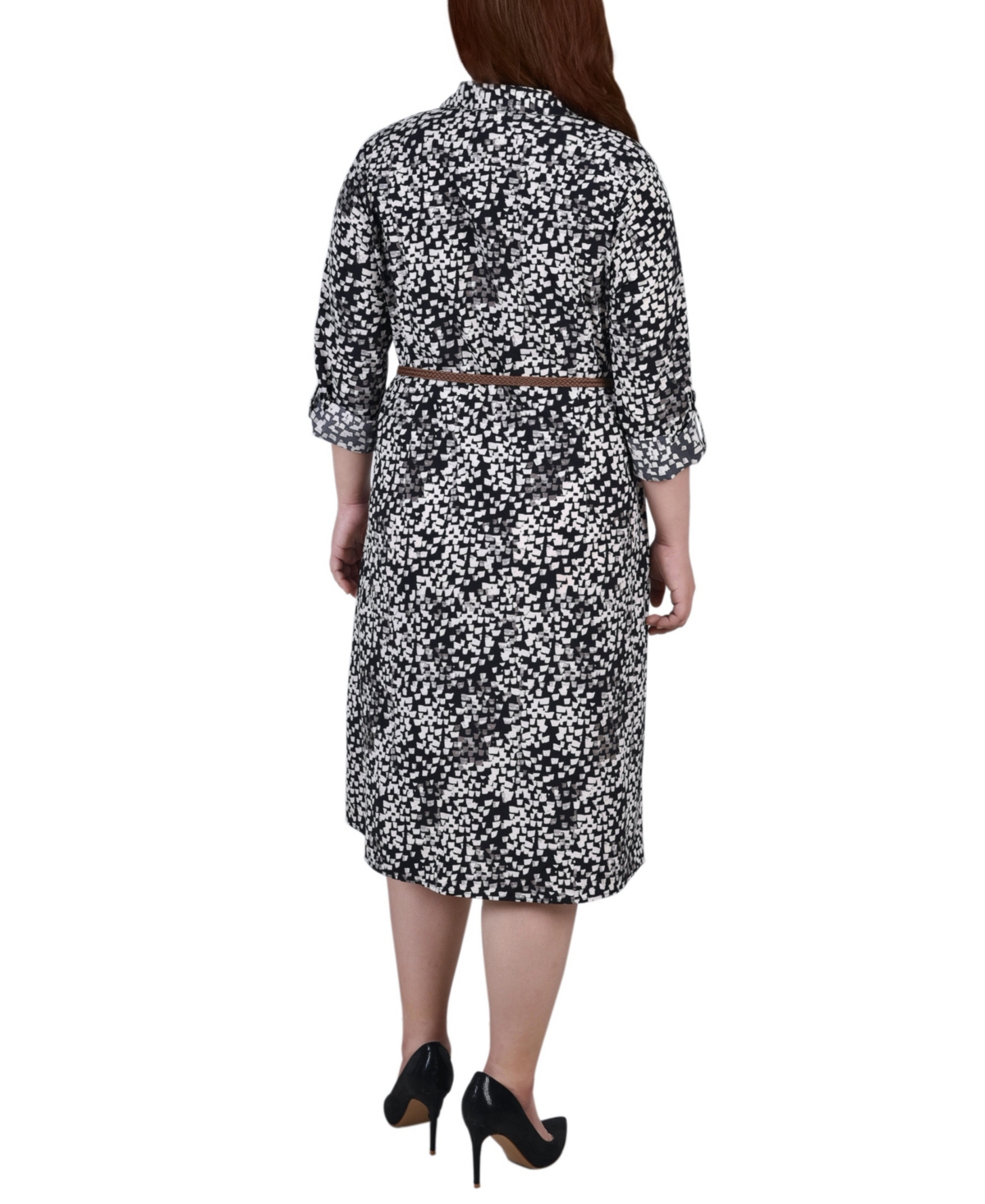 Ny Collection Plus Size 3/4 Roll Tab Sleeve Shirtdress In Black