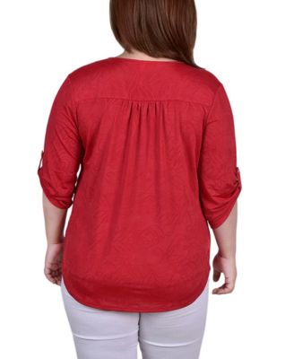 Plus Size 3/4 Roll Tab Zip Front Jacquard Knit Top