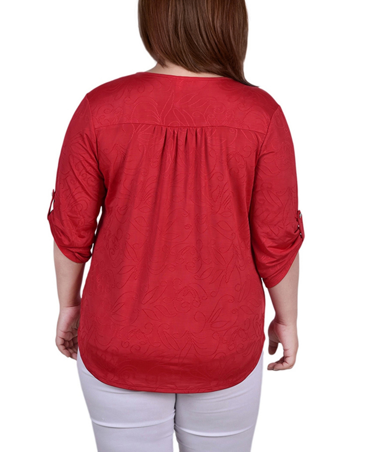 Ny Collection Plus Size 3/4 Roll Tab Zip Front Jacquard Knit Top In Red