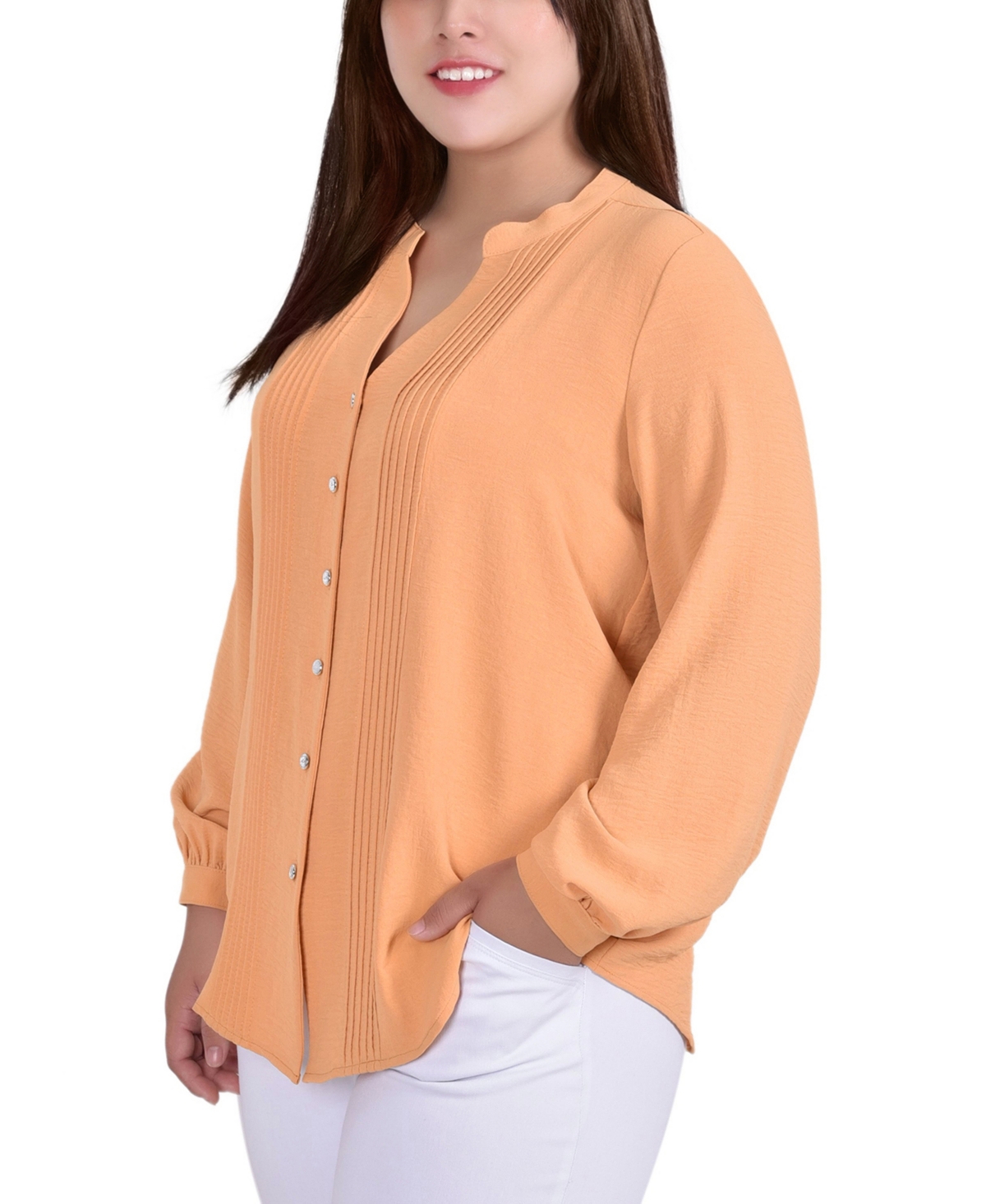 Ny Collection Plus Size Long Sleeve Pleat Front Blouse In Brown