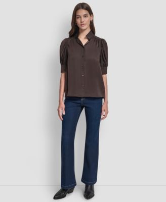 Women's Stand Collar Puff-Sleeve Shirt