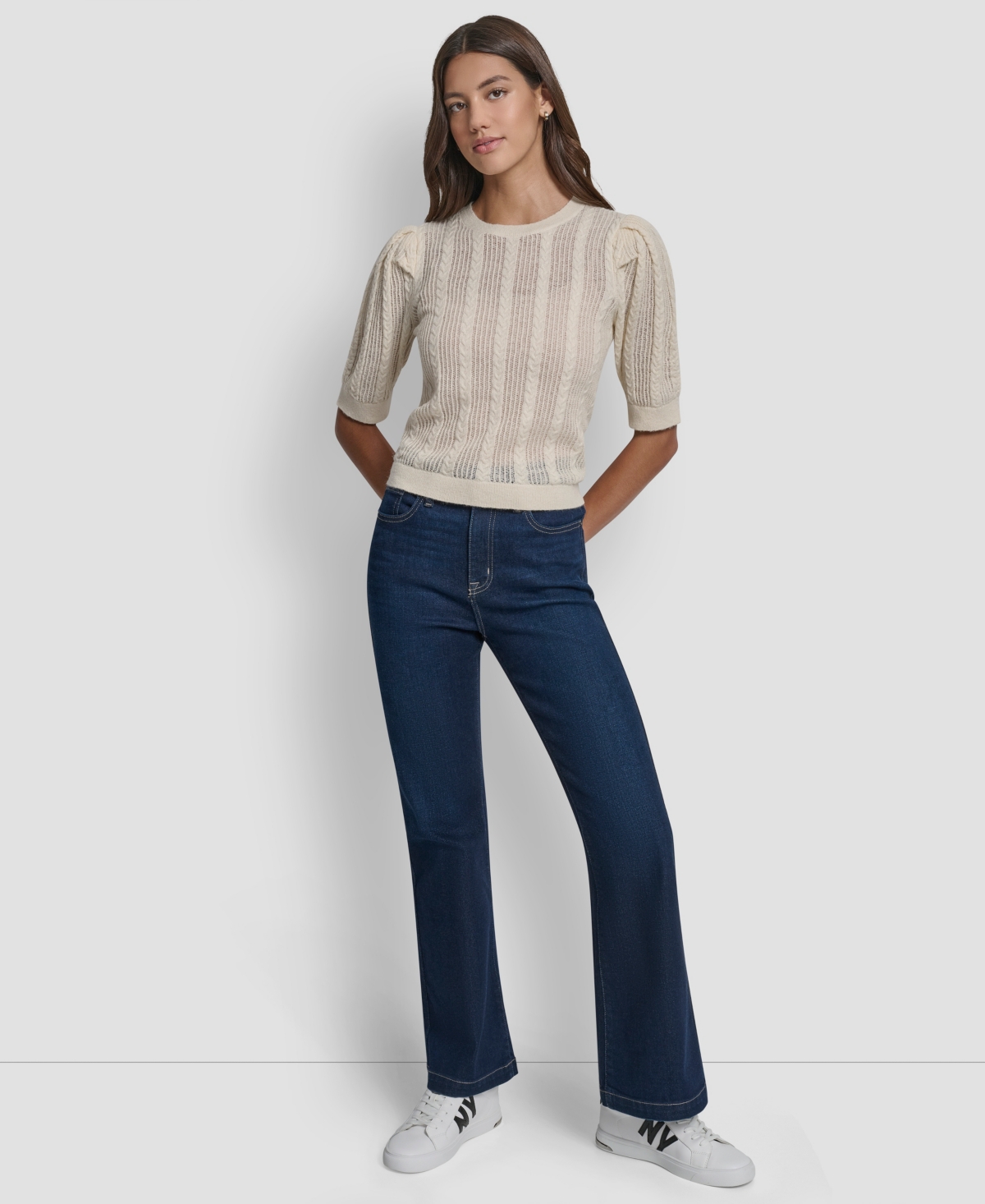 Dkny Jeans Women's Mixed Stitch Puff-sleeve Sweater In Neutral