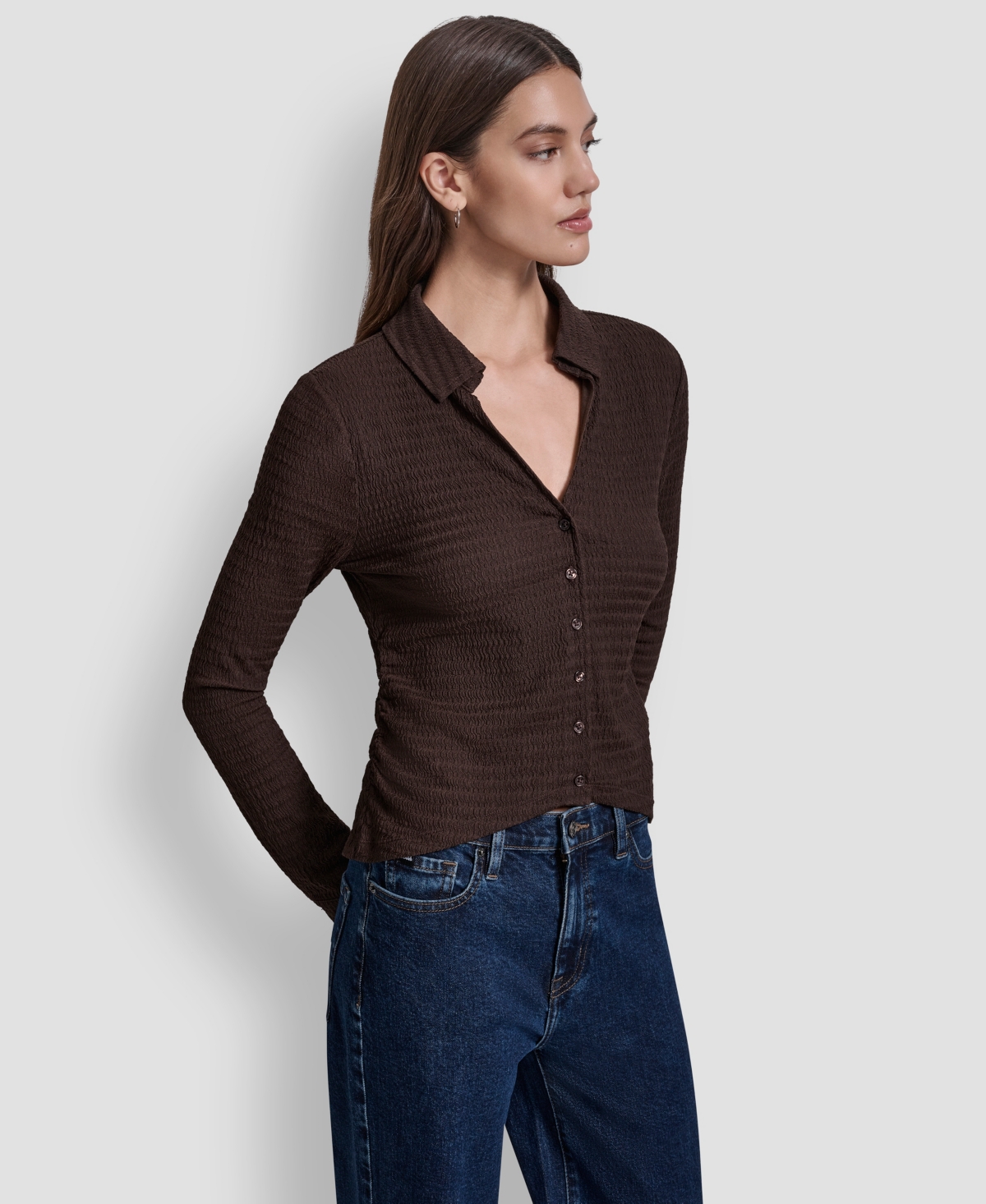 Dkny Jeans Women's Textured Collared Button-front Top In Brown
