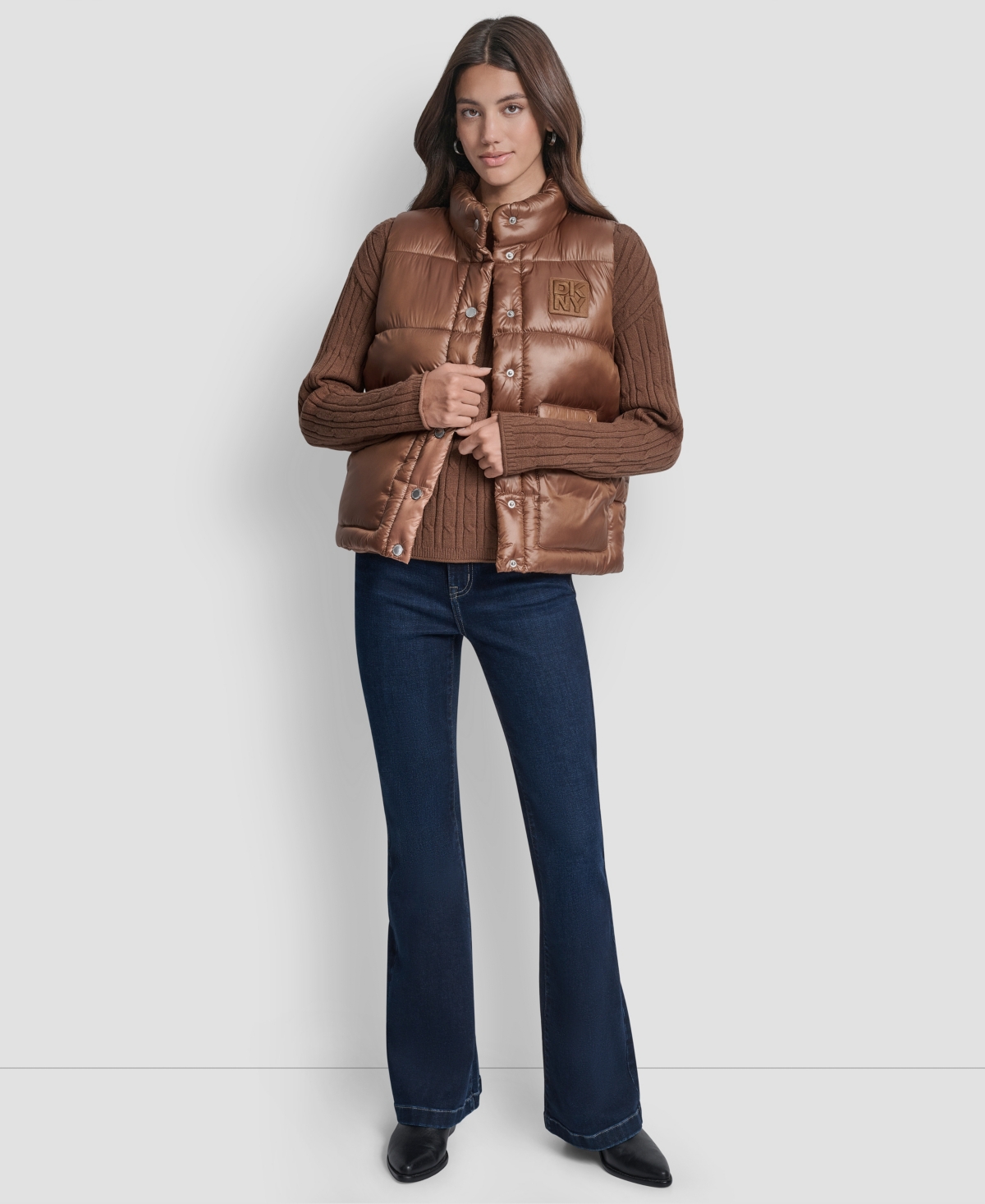 Dkny Jeans Women's Quilted Mock Neck Puffer Jacket In Brown