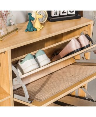 - 2-Drawer Wood and Rattan Shoe Cabinet Exotic Boho Entry
