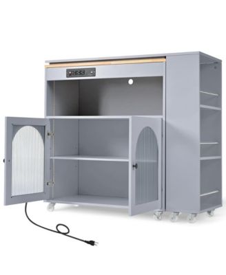 Rolling Kitchen Island with Extendable Table, LED Lights, Outlet, Fluted Glass Doors & Shelves-Maison Boucle