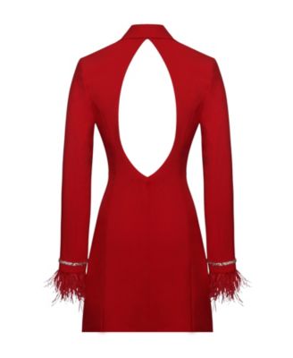 Women Quilla Red Feather Crystal Sleeve Backless Blazer Dress