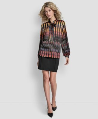 Women's Printed Neck Tie Long Sleeve Top