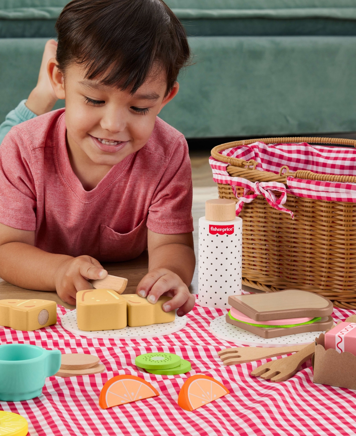 Fisher Price Wooden Picnic Basket And Food Pretend Play Set, 31 Wood Pieces In Brown