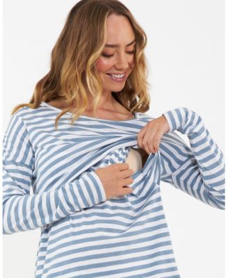 Maternity Ripe Lionel Long Sleeve Nursing Tee in Petrol and White - Comfortable and Stylish for New Moms