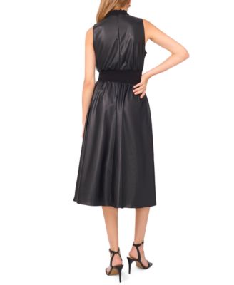 Women's Faux-Leather Mock Neck Midi Dress