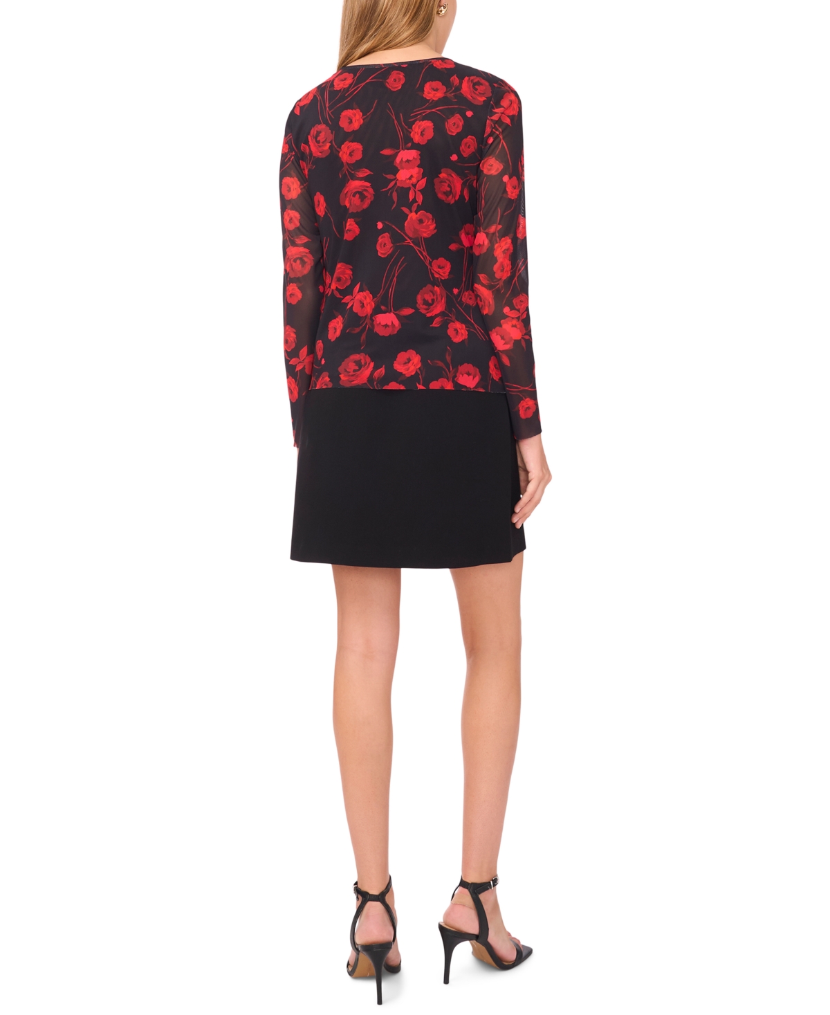1.state Floral Mesh Long Sleeve Top In Red