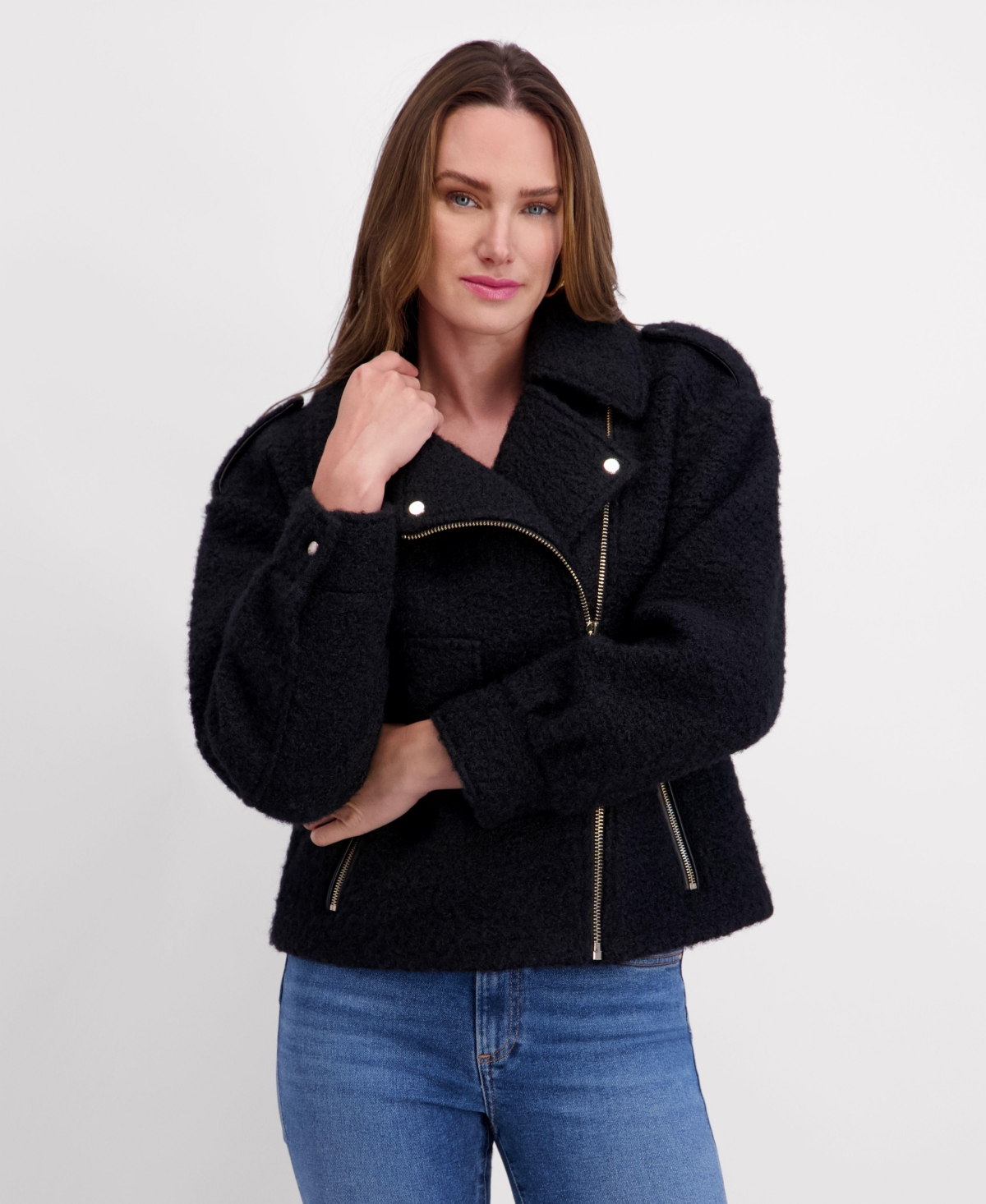 Kensie Short Boucle Asymmetrical Motorcycle Jacket
