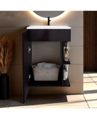 Siena Compact Vanity Cabinet, Single Door, Two Open Side Shelves, Space-Saving Design, Melamine,Bathroom Storage Unit, Natural Oak