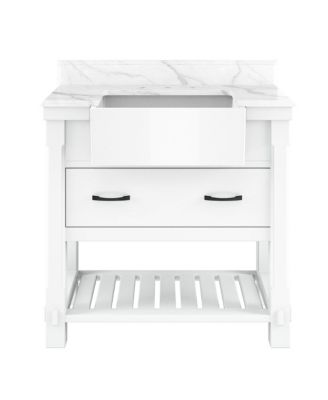 36-Inch Solid Wood Bathroom Vanity with Quartz Bullnose Top and Ceramic Basin