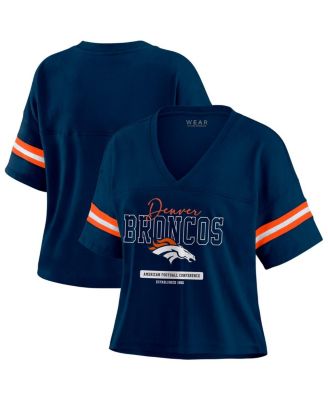 WEAR by Erin Andrews - Women's Navy Denver Broncos Color Block Boxy Modest Crop V-Neck T-Shirt