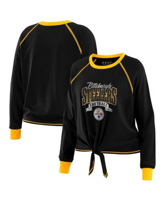 WEAR by Erin Andrews - Women's Black/Gold Pittsburgh Steelers Plus Size Tie-Front Long Sleeve Top
