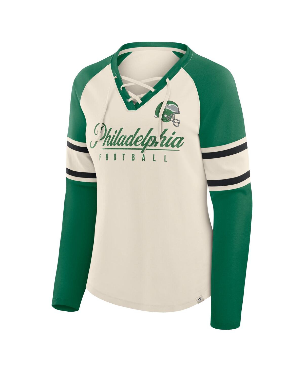 Fanatics Women's Cream/kelly Green Philadelphia Eagles Hometown Gridiron Hero Raglan Lace-up V-neck Long Slee In White