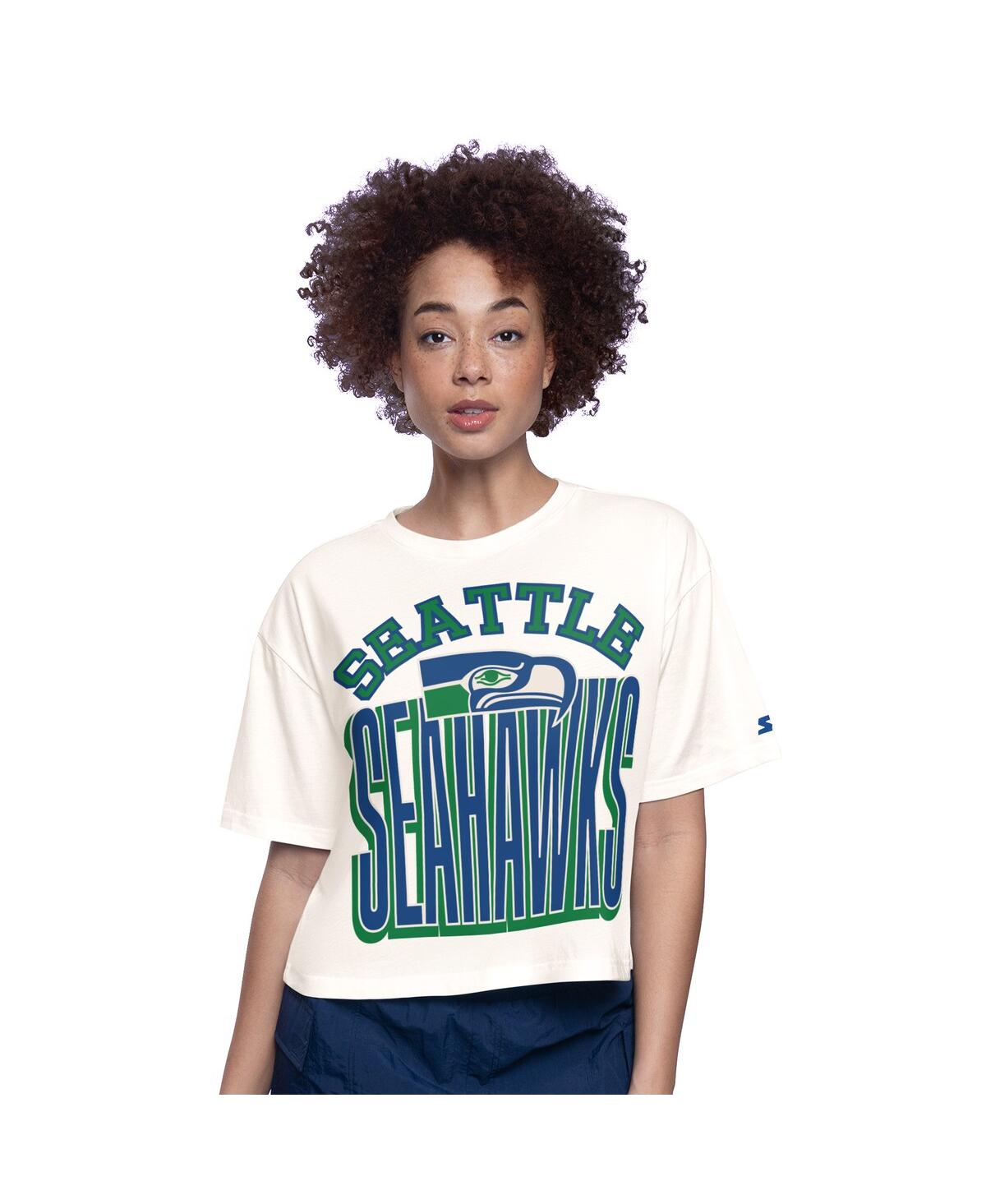 Starter White Seattle Seahawks Throwback Play The Ball Boxy Cropped T-shirt In Multi