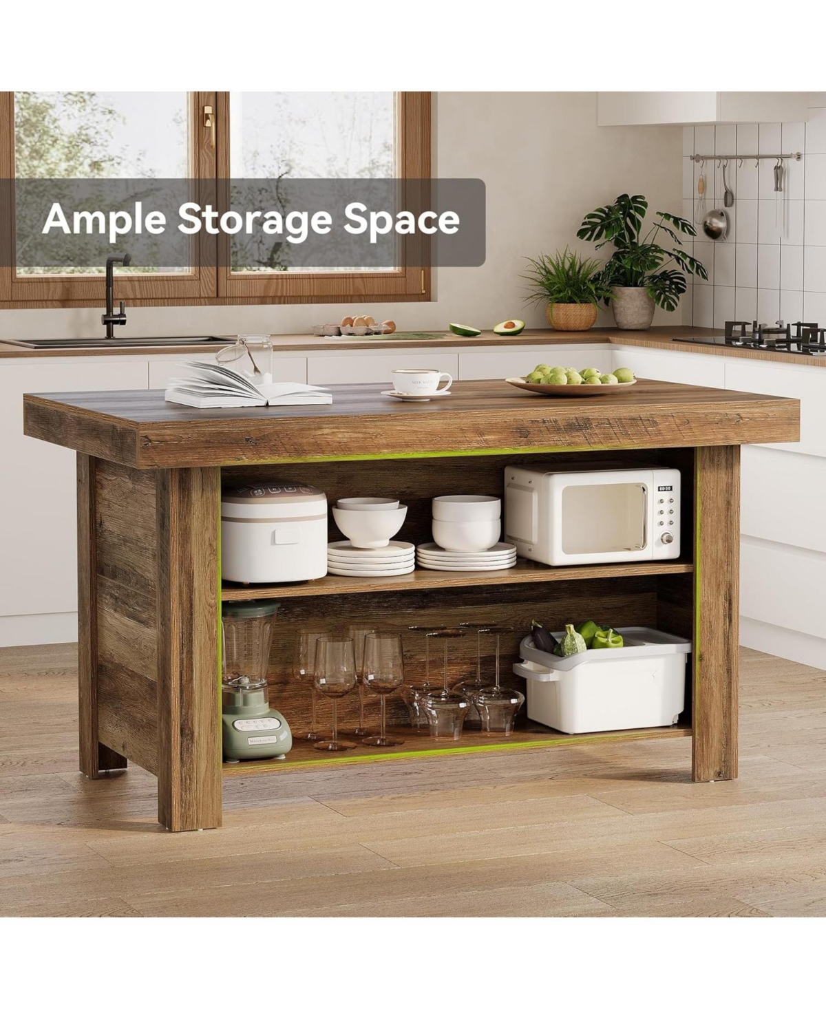 Tribesigns 55 Inches Kitchen Island with Storage, 3-Tier Farmhouse Wooden Stationary Island Table, Rustic Brown