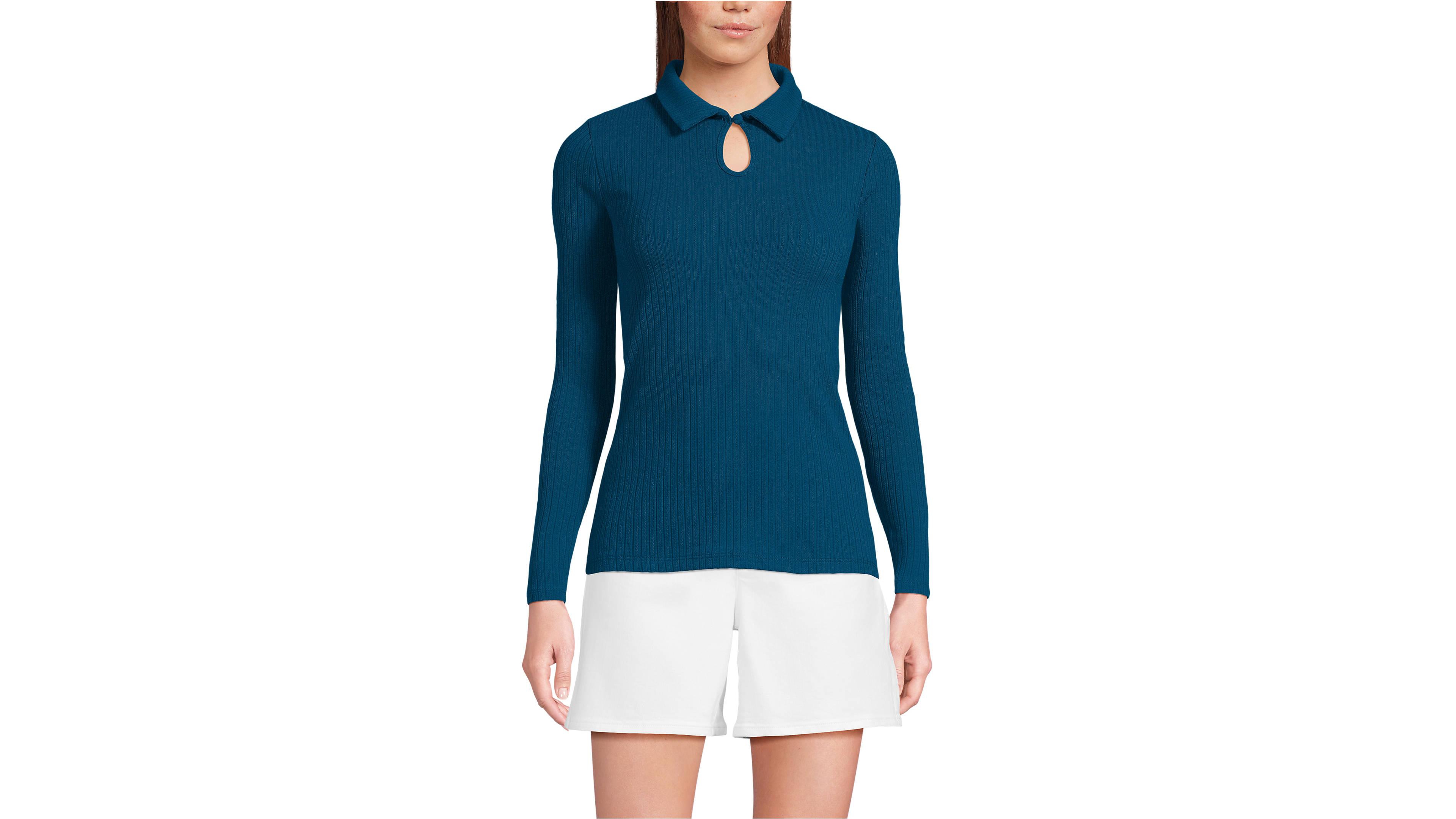 Lands' End Women's Long Sleeve Pointelle Rib Keyhole Polo Top