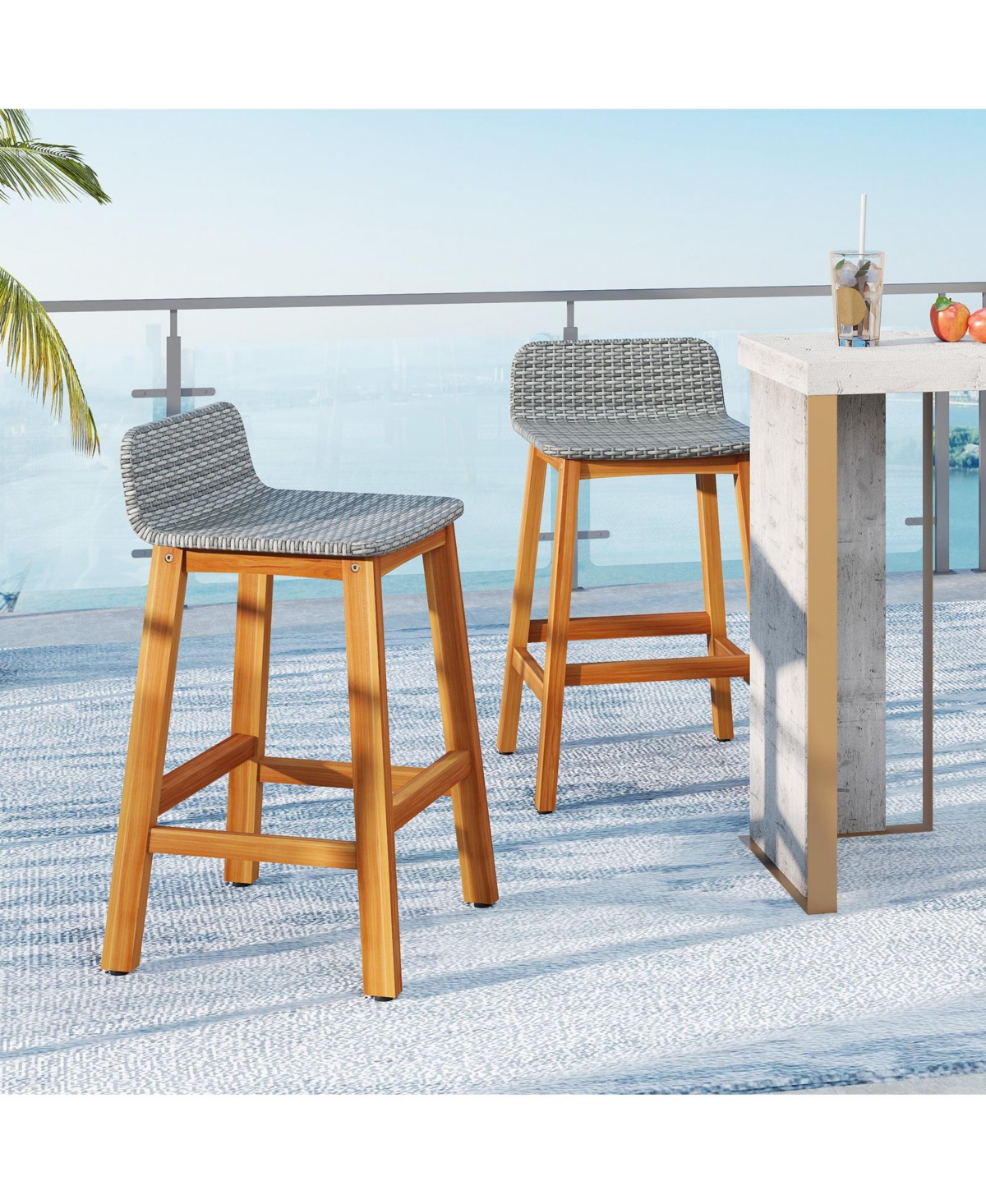 Gymax Solid Acacia Wood Bar Stools Set of Rattan Bar Height Patio Chairs for Porch