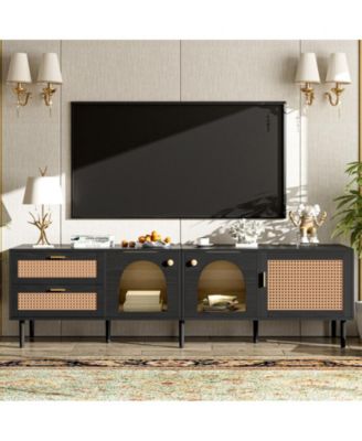 Rattan TV Stand with 3 Cabinets & 2 Drawers Media Console Table for TVs up to 80" with LED Light