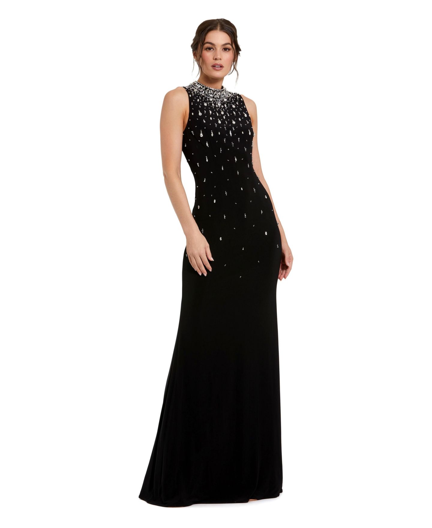 Женские платья Mac Duggal High Neck Sleeveless Beaded Jersey Fitted Gown, цвет: Чёрный — фото 1