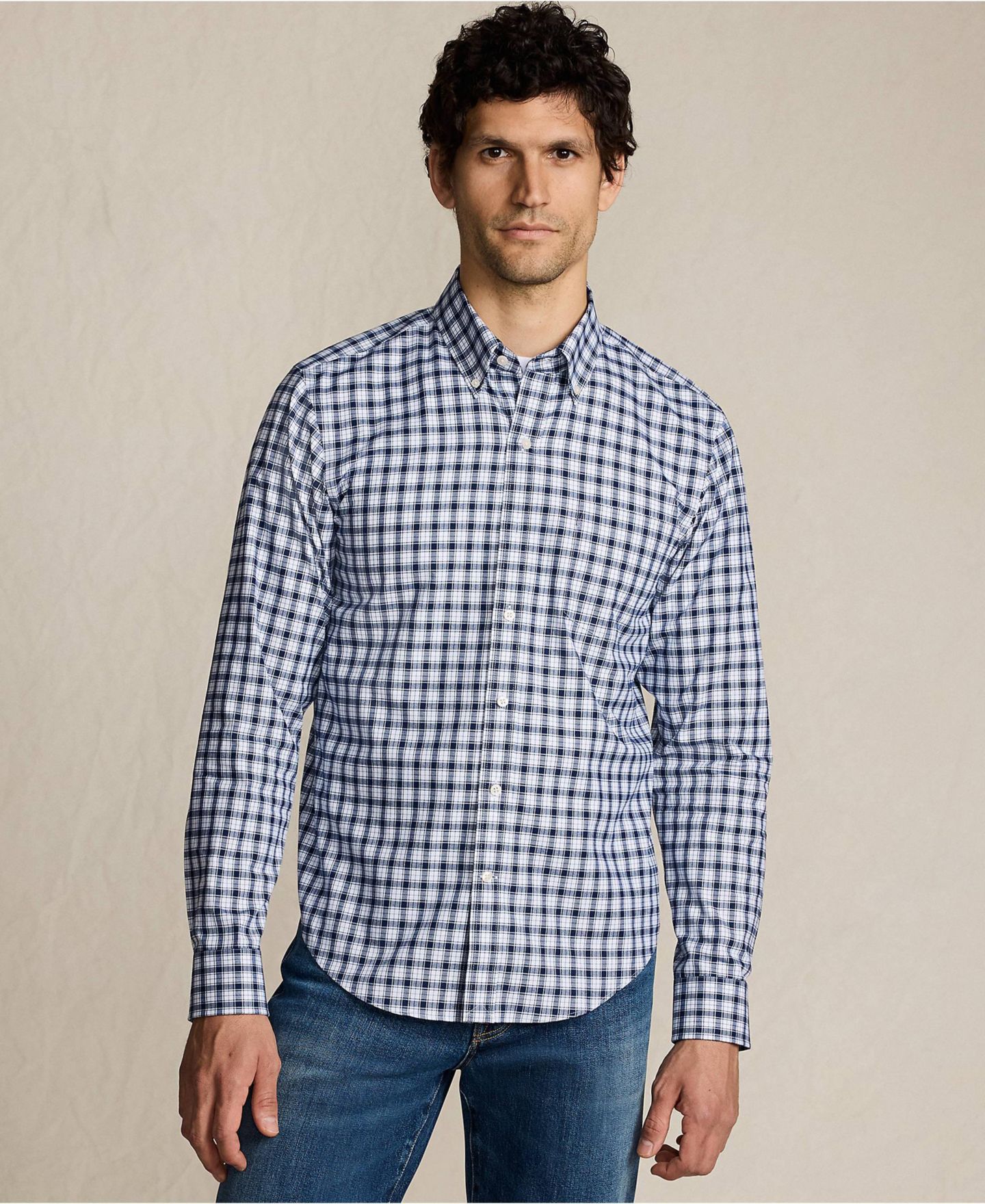 Мужская рубашка Lands' End Tailored Fit No Iron Twill Long Sleeve, цвет: Морской тёмно-синий / Клетчатый — фото 1