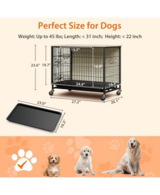 27" Grey & Black Modern Furniture-Style Dog Crate with Double Door, 360° Rotating Wheels, Anti-Slip Feet & Divider, End Table Design