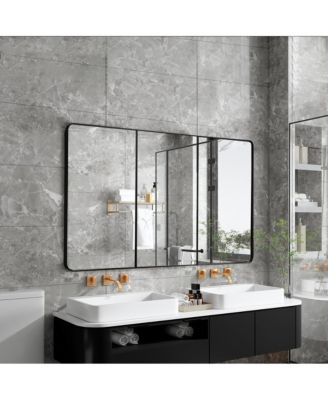 3-Door Aluminum Bathroom Medicine Cabinet, Round Corner Framed Door - Versatile Recessed Medicine Cabinet or Surface Mount, Mirrored Door Cabinet with Adjustable Glass Shelves, Matte Black