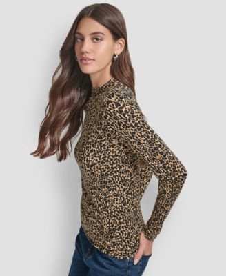 Women's  Side Ruched High Neck Long Sleeve Top With Rhinestud Logo