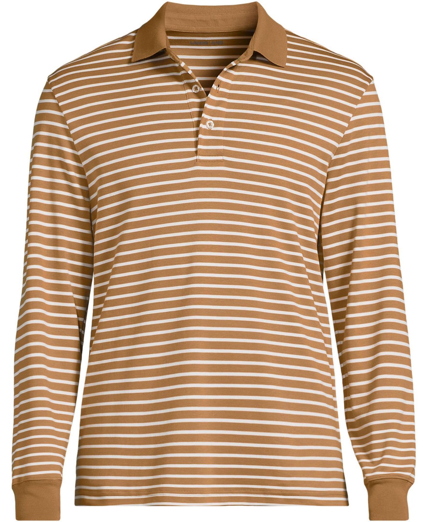 Мужское поло Lands' End Long Sleeve Cotton Supima Polo Shirt, цвет: Верблюжий полосатый — фото 3