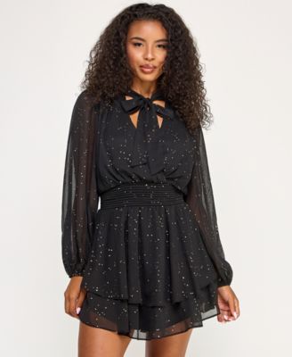 Juniors' Long Sleeve Foil Dot Tie Dress