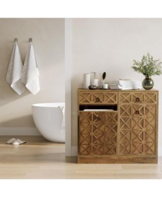 Modern Kitchen Island with Double Tilt-Out Trash Cabinet, 13 Gallon Fluted Storage Cabinet with 2 Drawers & Hidden Trash Bins, Rustic Brown