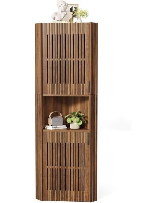 78'H Corner Cabinet, Farmhouse Kitchen Pantry Storage Cabinet, Ventilated Grille Style Doors, Walnut