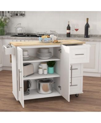 53.5" Solid Wood Rolling Kitchen Island Cart with Drop Leaf, Drawers, Cabinet, Spice and Towel Rack