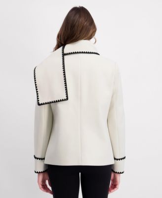Women's Scarf Collar Faux Wool Jacket with Whipstitch Detail
