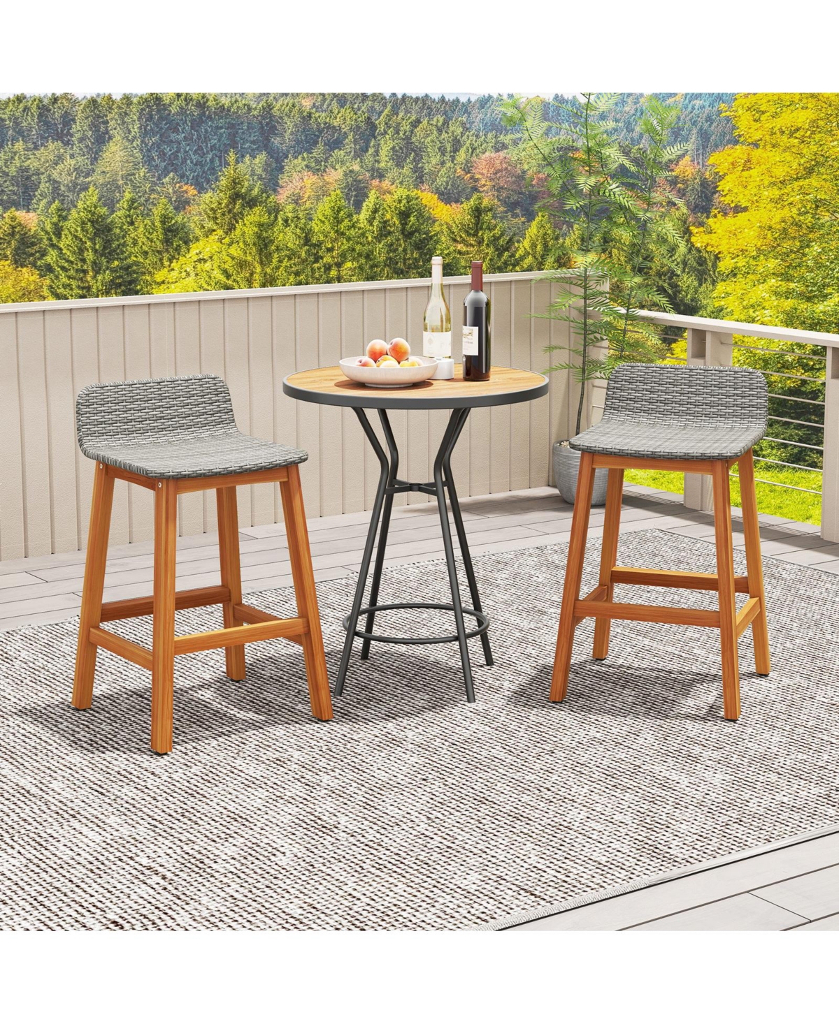 Gymax Solid Acacia Wood Bar Stools Set of 2 Rattan Bar Height Patio Chairs for Porch