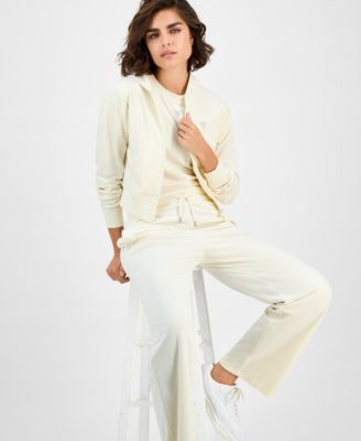 Guess Womens Couture Cropped Velour Hoodie Short Sleeve Velour T Shirt Straight Leg Velour Pants In Neutral