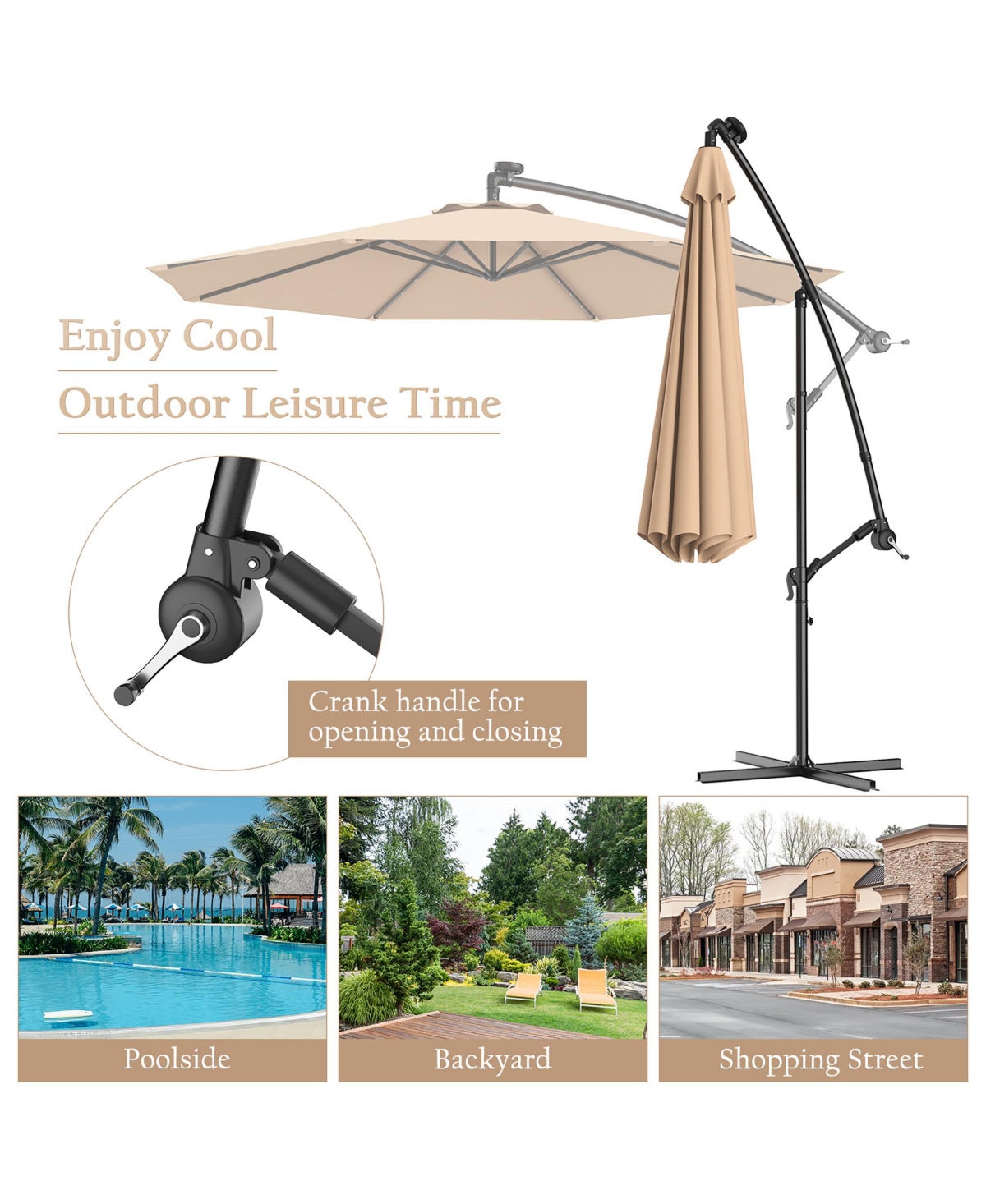 Costway 10' Hanging Solar Led Umbrella Patio Sun Shade Offset Market With Base