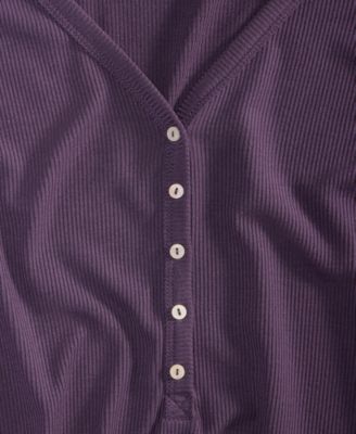 Women's Long-Sleeve Ribbed Henley Sleep Top XS-3X, Created for Macy's