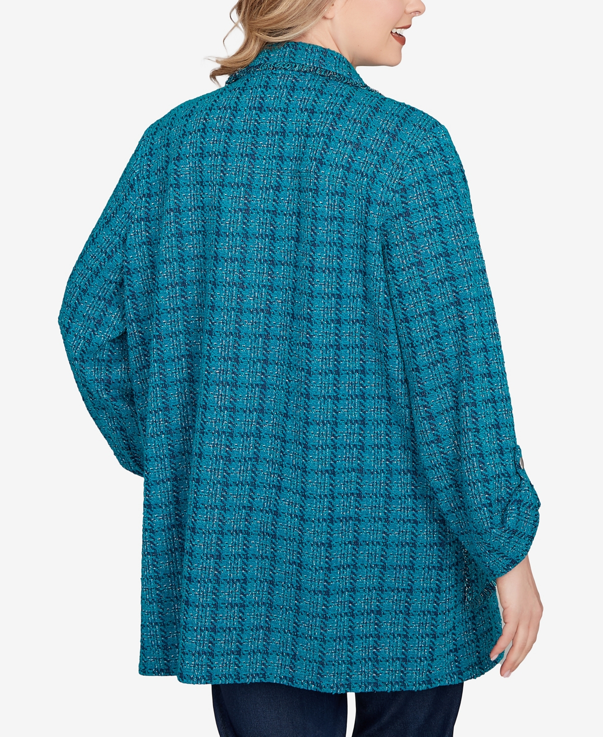 Ruby Rd. Plus Size Open Front Tweed Patch Pocket Jacket In Blue