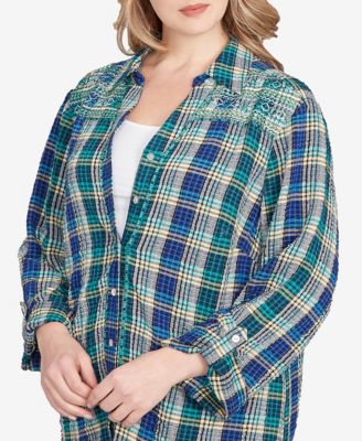 Plus Size Embroidered Plaid Button Down Top